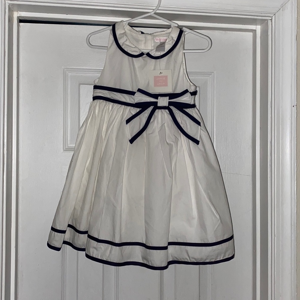 Brand new Janie and Jack white and navy blue dress and hat
